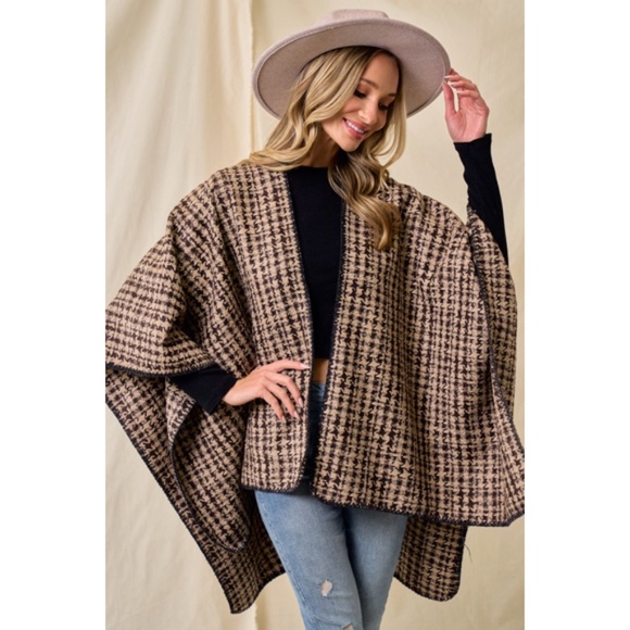 Sweaters - Mocha Brown Houndstooth Knit Shawl Open Poncho Wrap Casual Fall Winter One Size